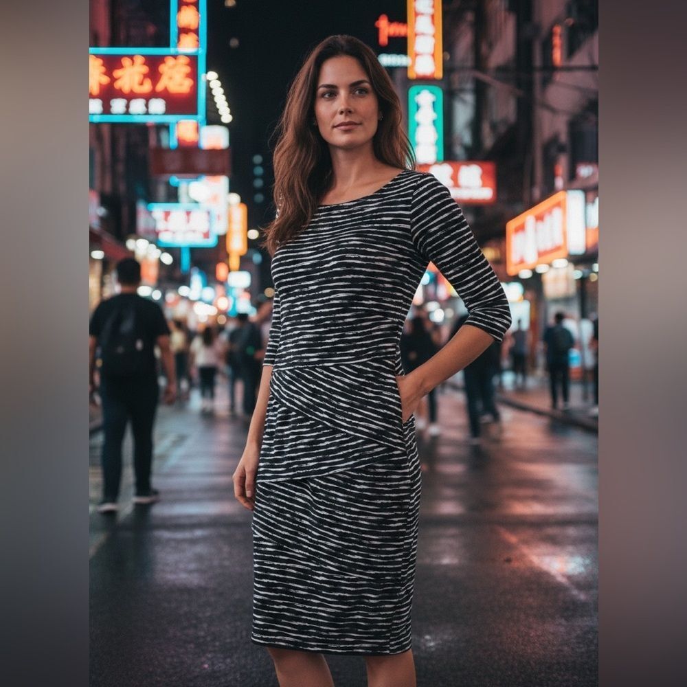Connected Apparel Black and White Patterned Midi Dress
